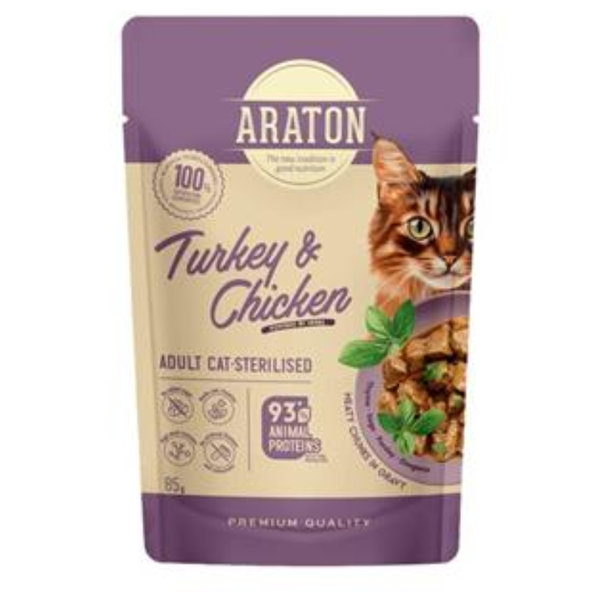 ARATON Cat Adult Sterilised Turkey & Chicken kapsička pro kočky 85 g