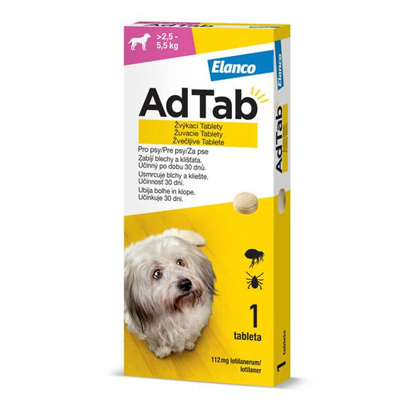AdTab 112 mg žvýkací tablety proti blechám a klíšťatům pro psy (>2,5–5,5 kg) 1 tableta