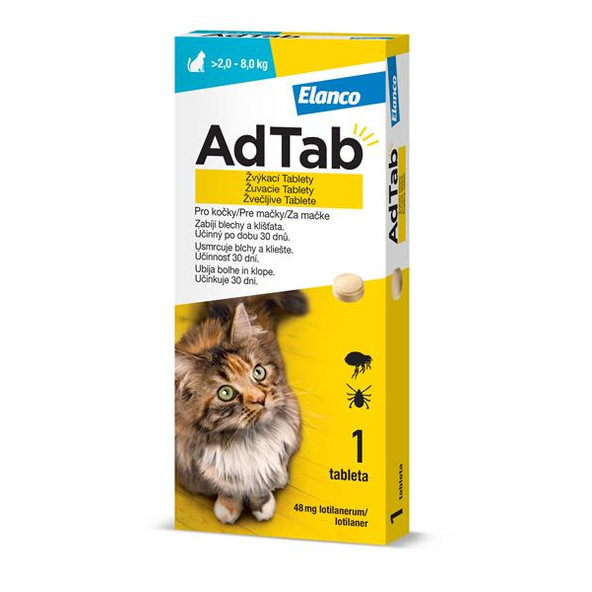 AdTab 48 mg žvýkací tablety proti blechám a klíšťatům pro kočky (>2,0–8,0 kg) 1 tableta