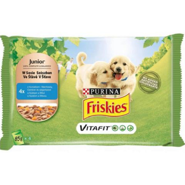 Friskies Junior kapsičky pro štěňata kuře s mrkví ve šťávě 4x85 g