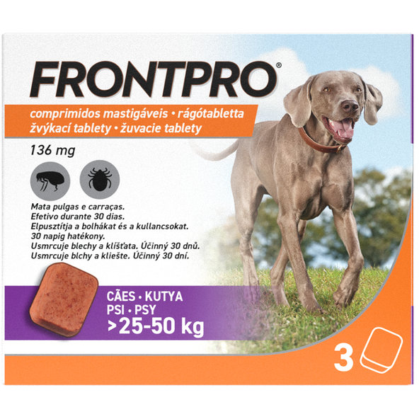 FRONTPRO XL 136 mg žvýkací tablety pro psy proti klíšťatům a blechám >25–50 kg, 3 tablety