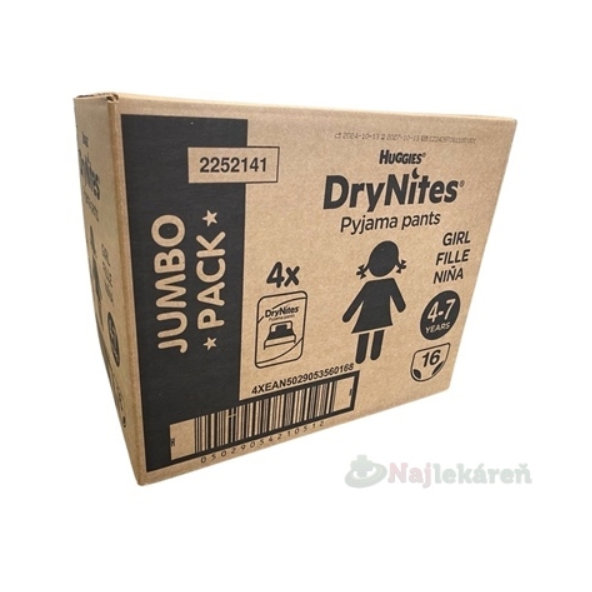 Huggies DryNites M Jumbo kalhotky pro dívky 4–7 let 17–30 kg 64 ks