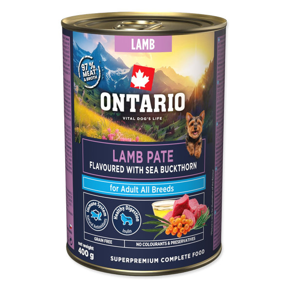 Ontario Adult konzerva pro psy jehněčí pašté s příchutí rakytníku 400 g