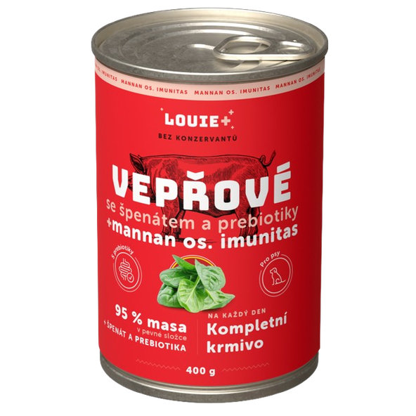 LOUIE konzerva pro psy vepřové se špenátem a prebiotiky 400 g