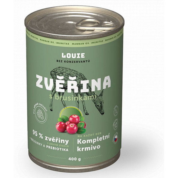 LOUIE konzerva pro psy zvěřina a brusinky s prebiotiky 400 g