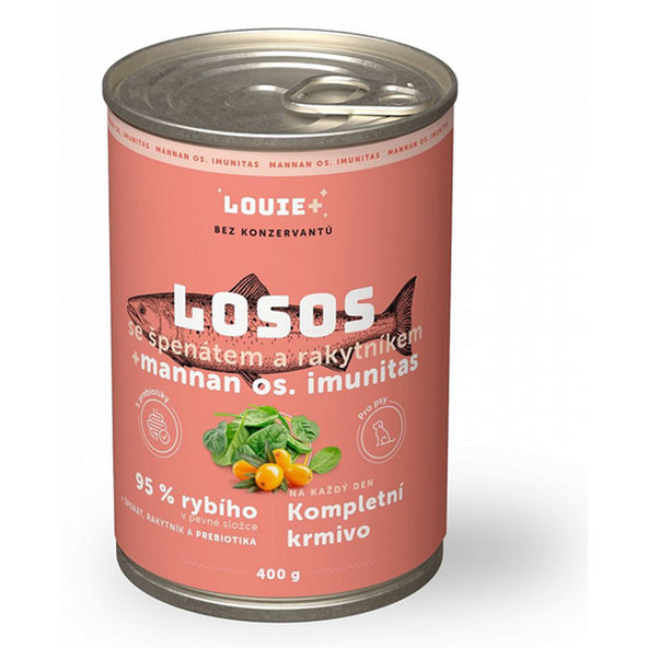 LOUIE konzerva pro psy losos, rakytník a špenát s prebiotiky 400 g