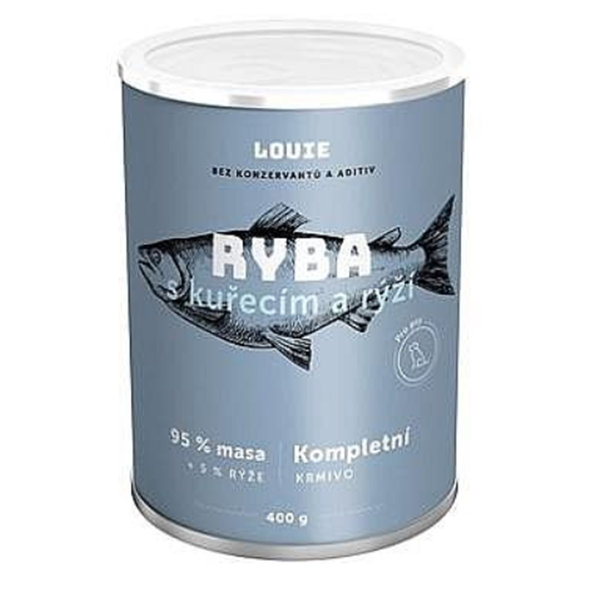 LOUIE konzerva pro psy rybí a kuřecí s rýží 400 g