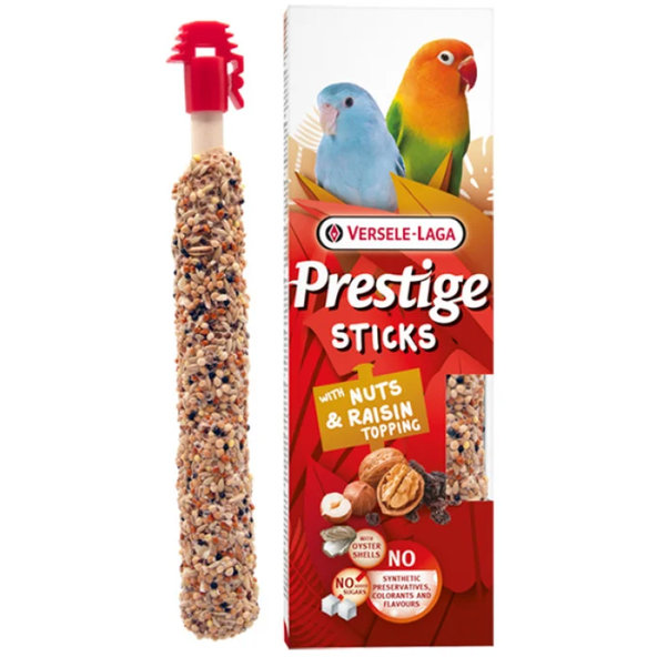 Versele Laga Prestige Sticks Small Parakeets tyčinky pro malé papoušky s ořechy a rozinkovou polevou 2 ks 60 g