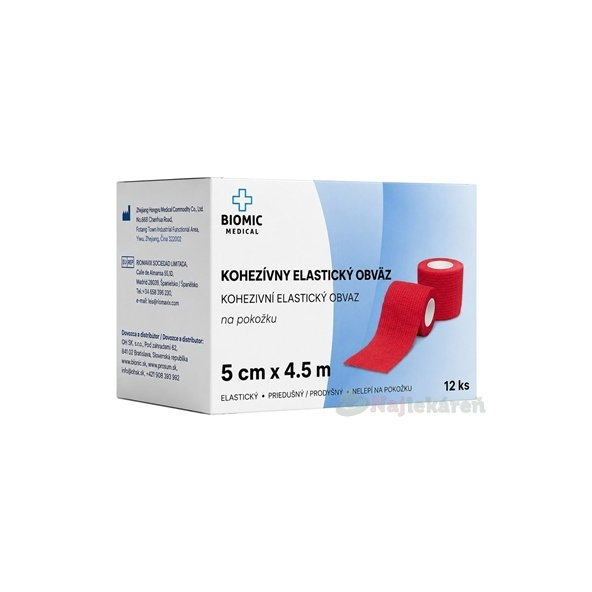 BIOMIC Kohezivní elastické obinadlo červebí 5 cm × 4,5 m 12 ks
