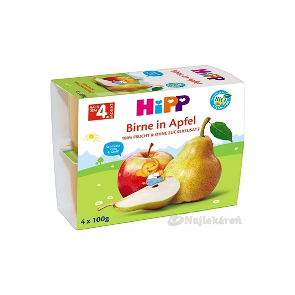 HiPP BIO příkrm 100% ovoce jablka s hruškami 4m+ 4x100 g