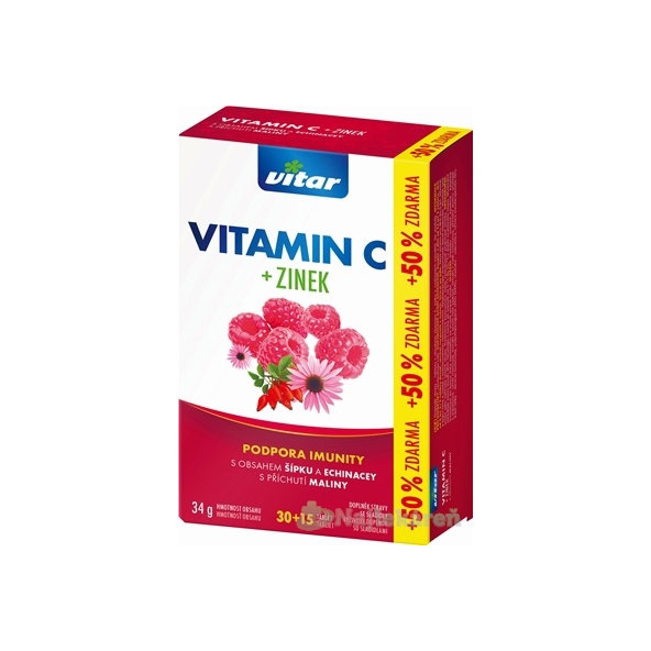 Vitar vitamín C + zinek echinacea šípek malina 30+15 tablet